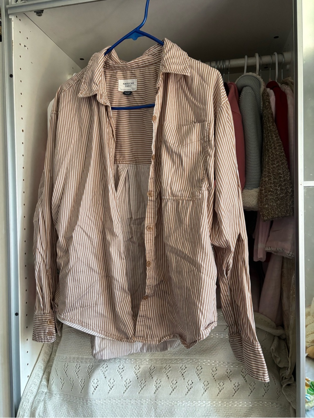 American Eagle Outfitters Tan and White Striped Button-Up